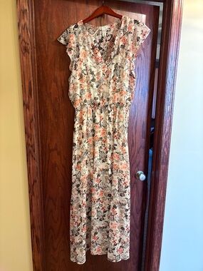 White House Black Market Cream Floral V-Neck Maxi Dress with Coral Accents